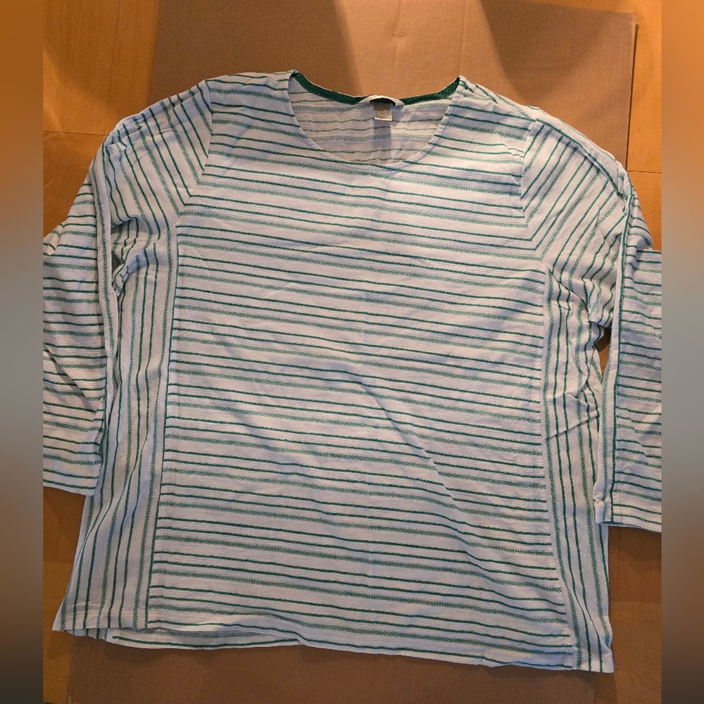 CJ Banks Women's Green and White Striped Long Sleeve Tee